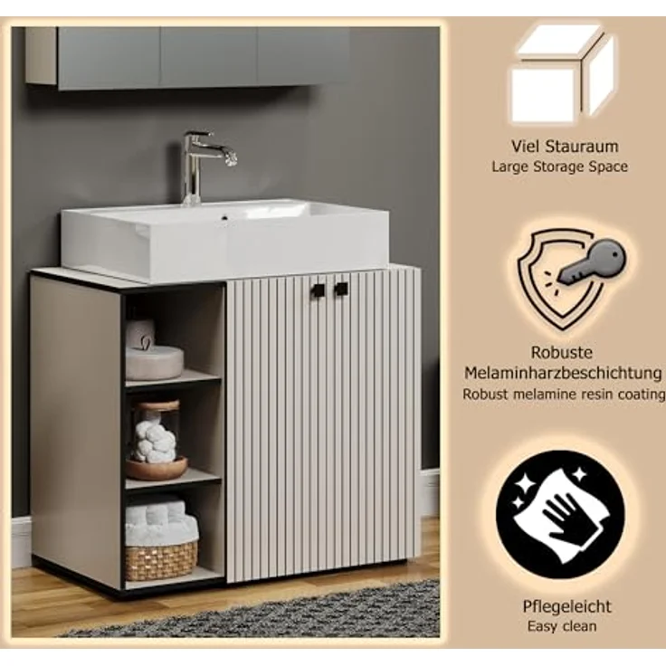 trendteam smart living - PureBliss - Waschbeckenunterschrank - Kashmir Hellgrau -Rillenoptik - 3 offene Fächer + 1 Einlegeboden - (BxHxT) 90 x 79 x 53 cm - edle Metallgriffe – Bild 7