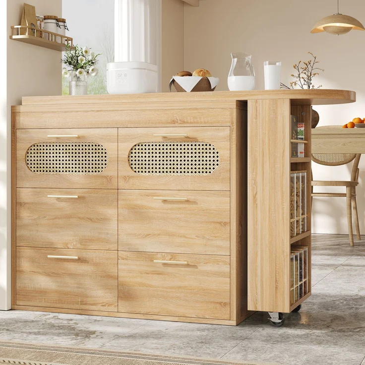 Bartisch mit 6 Schubladen & PE Rattan Türen, 360° drehbarer Stehtisch mit Kippsicherung, viel Stauraum, Metallgriffe, Bistrotisch für Wohnzimmer, Küche, Esszimmer, Arbeitsbereich--Natürlich--140x46.99x14cm--YOUDENOVA – Bild 4