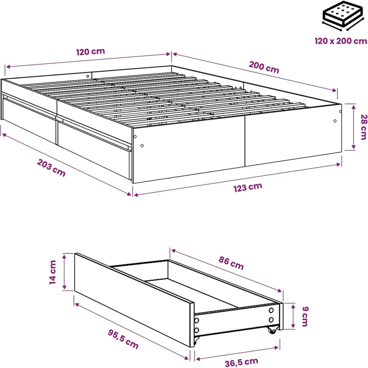vidaXL Bettgestell mit Schubladen Räuchereiche 120x200cm Holzwerkstoff 3280668 – Bild 10
