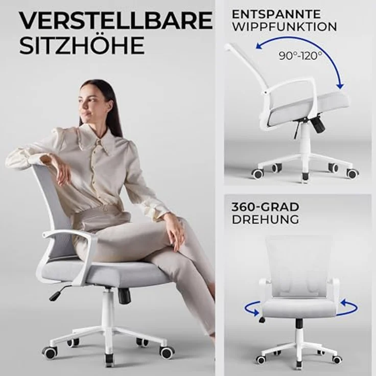 Yaheetech Bürostuhl Ergonomisch, Schreibtischstuhl mit Netzbespannung, Arbeitsstuhl mit Armlehnen, Chefsessel aus Mesh, höhenverstellbarer Computerstuhl 136 kg, atmungsaktiv, Wippfunktion Hellgrau – Bild 5