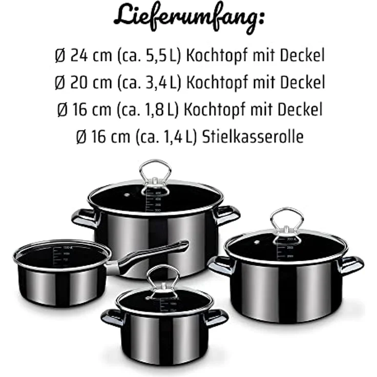 GSW Topf-Set Profi-Black-Star, Stahl-Emaille (Set, 7-tlg, 1x Stielkasserolle 16 cm, je 1x Fleischtopf 16/20/24 cm), Induktion – Bild 7