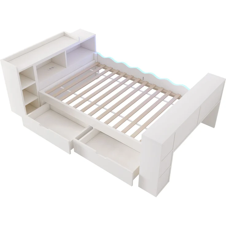 Bett 90x200 cm in Weiß mit Schubladen, LED und ausziehbarer Tischplatte, ohne Matratze – Bild 9