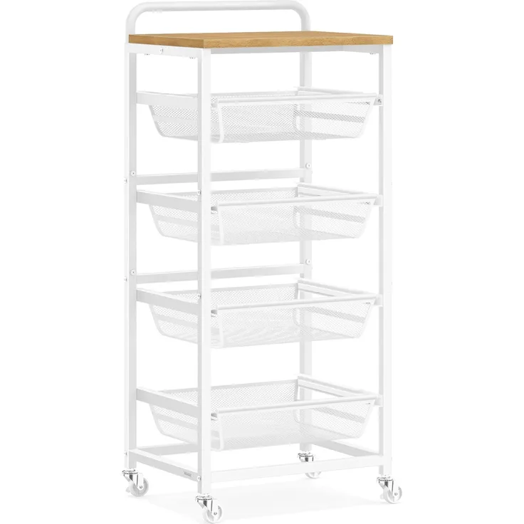 VASAGLE Servierwagen mit 5 Ebenen, Rollwagen mit herausziehbaren Körben, Küchenregal auf Rollen, Griff, 31,7 x 40 x 95 cm, goldeichenfarben-mattweiß LRC041YA01