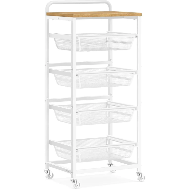VASAGLE Servierwagen mit 5 Ebenen, Rollwagen mit herausziehbaren Körben, Küchenregal auf Rollen, Griff, 31,7 x 40 x 95 cm, goldeichenfarben-mattweiß LRC041YA01