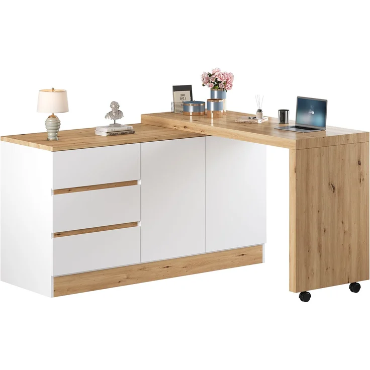 ZUBALIYA Schreibtisch mit feststellbaren Rollen – multifunktionales Design, 4 cm dickere, drehbare Tischplatte, fest arretierbar, weiß/Eiche, Faltbarer Schreibtisch, Eckschreibtisch, Sideboard,Dicke Materialie – Bild 7