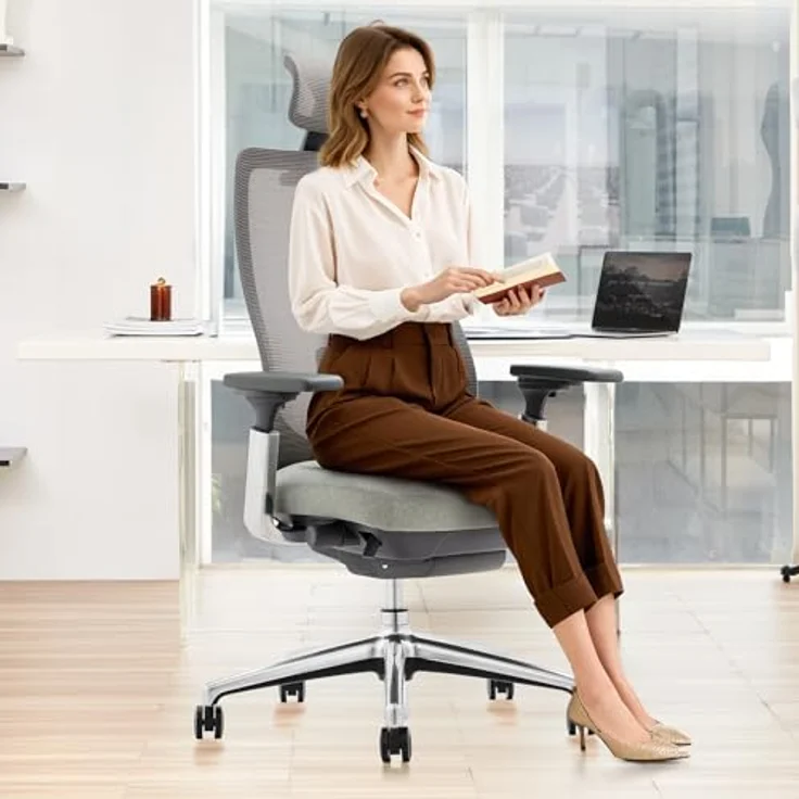 COLAMY XK Atlas Ergonomischer Bürostuhl, Netz-Chefsessel mit verstellbarem Kopfstütze, Computer Schreibtischstuhl Drehstuhl mit 4D-Armlehnen, Aluminium Basis/Schiebesitz/Neigungssperre, Hellgrau – Bild 3