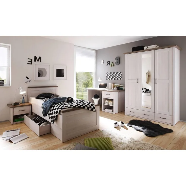 Jugendzimmer Set 4-tlg. LUND-78, Landhaus Stil, Pinie weiß Nb. /Trüffel Eiche Nb.
