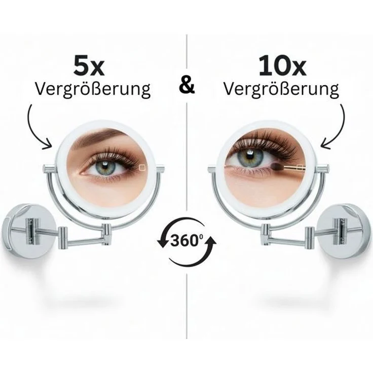 Libaro Kosmetikspiegel mit Beleuchtung MODENA LED Schminkspiegel 5-fach 10-fach Vergrößerung, Wandmontage, Vergrößerungsspiegel 2-seitig, dimmbar, Batterie oder USB – Bild 4