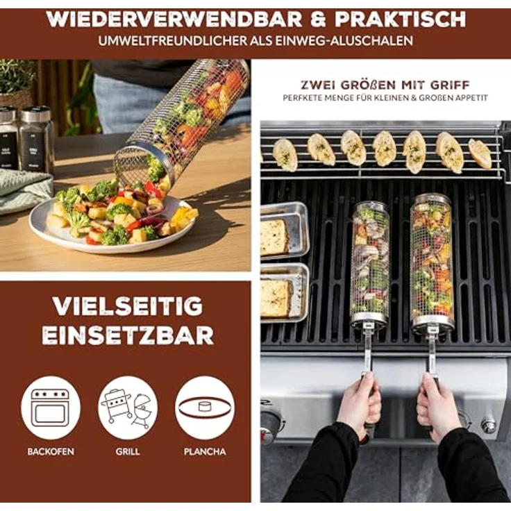 eluno Grillkörbe 2er Set aus Edelstahl, ca. 46 x 8,5 x 8,5 cm (B/H/T) – Bild 3