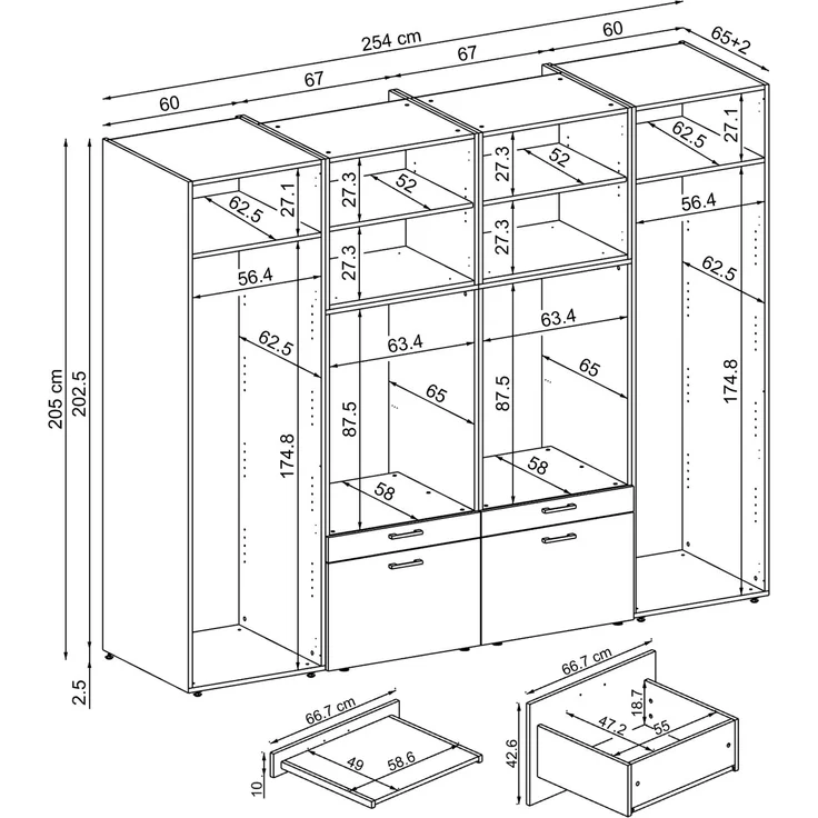 Roomart Waschmaschinenschrank SERIE-III Schrankwand 254 cm – 2 Geräte, Soft-Close | • Eiche – Bild 10