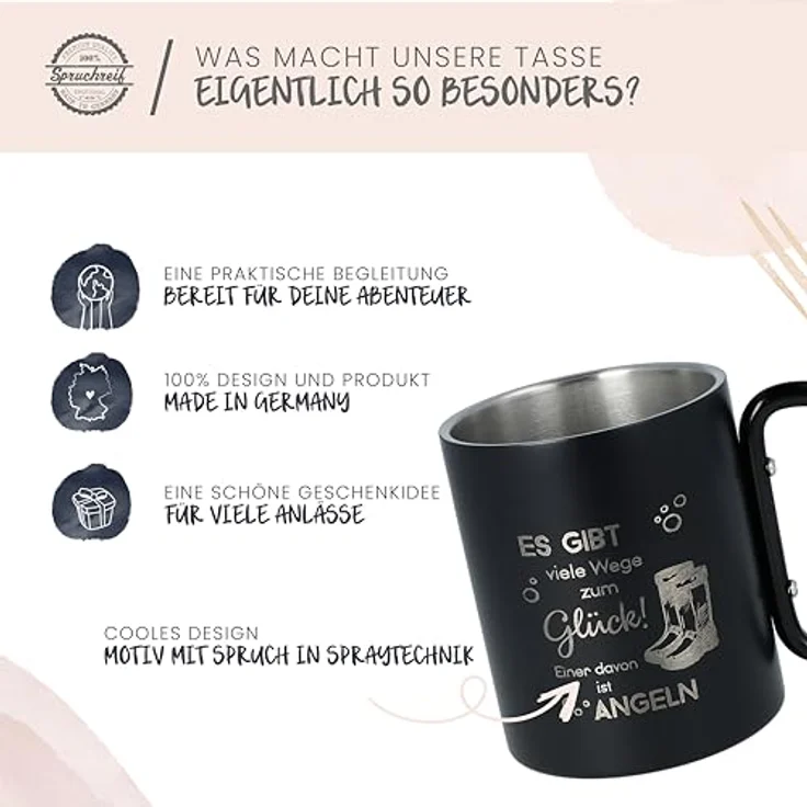Spruchreif® Tasse Doppelwandige Edelstahltasse mit Karabinerhaken, Anglergeschenk – Bild 5