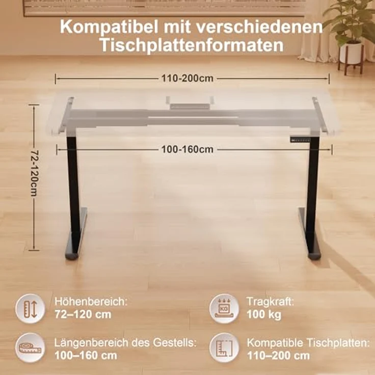 Homall Höhenverstellbarer Schreibtisch Elektrisch Gestell mit 2 Motoren, Elektrisch Schreibtisch bis 100KG, 2-Fach-Teleskop, Tischgestell mit Memory-Steuerung, Kollisionschutz Funktion, Schwarz – Bild 3