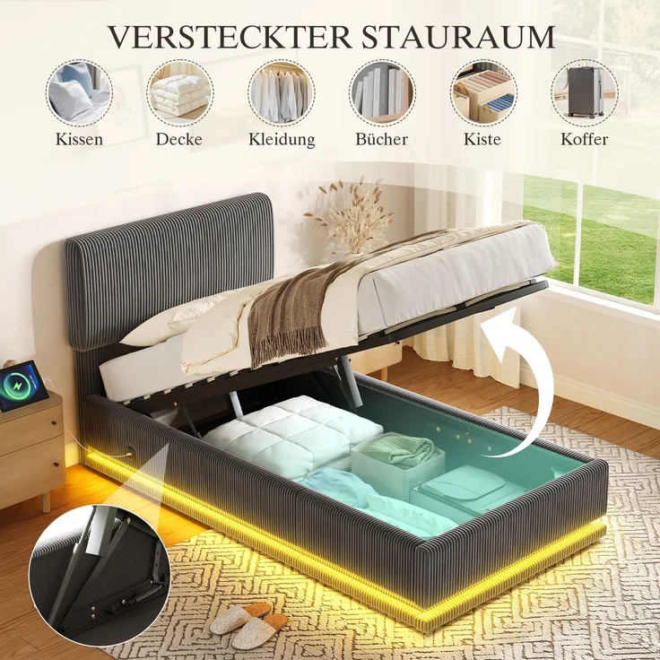 Polsterbett, Cord-Samt mit LED & USB-Anschluss, Stauraum, 91x207x102/107/112 cm, Dunkelgrau, ohne Matratze – Bild 4