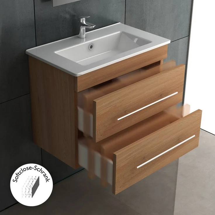 Alpenberger Badezimmer-Set Waschbecken mit Unterschrank - Waschbeckenunterschrank 60 cm Breit, (Komplett-Set Vormontiert 60 cm breit, 2-St, Handwaschbecken mit Badschrank), Hygienische Nanobeschichtung, Soft-Close Schubladen – Bild 3