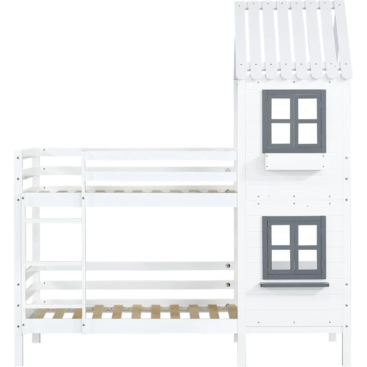 Merax Etagenbett mit Handlauf und Fenster, Hausbett, Kinderbett mit Fallschutz und Gitter, Rahmen aus Kiefer, weiß (90x200cm) – Bild 9