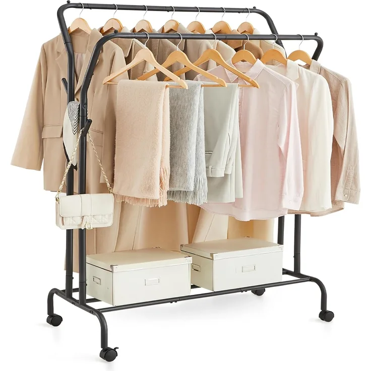 SONGMICS Kleiderständer auf Rollen, 2 Kleiderstangen, Garderobenstange, Garderobenständer aus Stahlrohren, bis 100 kg belastbar, 103,5 cm breit, multifunktionale Aufbewahrung, schwarz HSR107B01