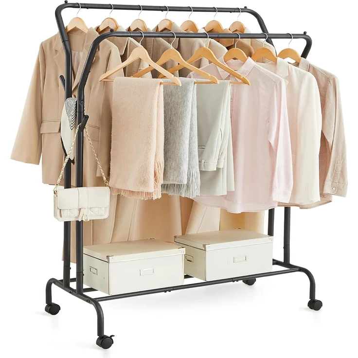 SONGMICS Kleiderständer auf Rollen, 2 Kleiderstangen, Garderobenstange, Garderobenständer aus Stahlrohren, bis 100 kg belastbar, 103,5 cm breit, multifunktionale Aufbewahrung, schwarz HSR107B01 – Bild 1