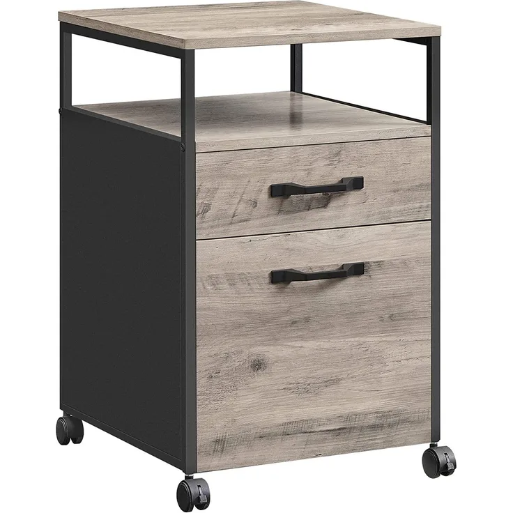 Vasagle Rollcontainer, Aktenschrank mit 2 Schubladen, mobiler Büroschrank mit Rädern, offenes Fach, Hängeregistratur, Stahlgestell, Industrie-Design, Greige-schwarz OFC071B02