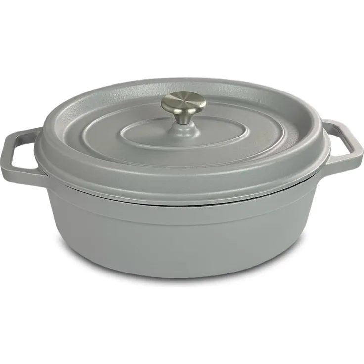 osoltus Bräter oval Gusseisen Schmortopf mit Tropfdeckel Hellgrau 33 cm