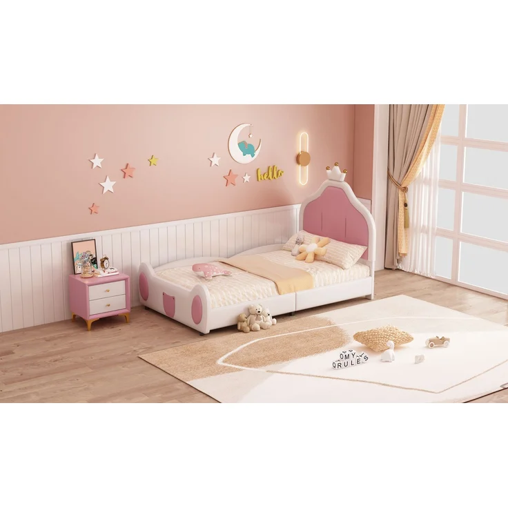 Merax Polsterbett, Kinderbett Einzelbett 90x200cm mit Krone Kopfteil Kunstlederstoff, Weiß – Bild 8