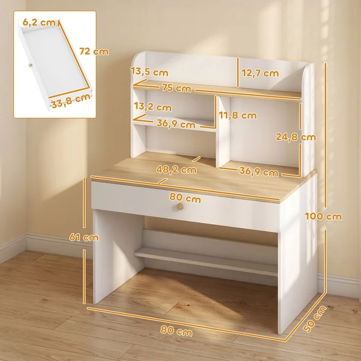 AIYAPLAY Kinderschreibtisch, Spanplatte, MDF, Weiß, 80L x 50B x 100H cm – Bild 3