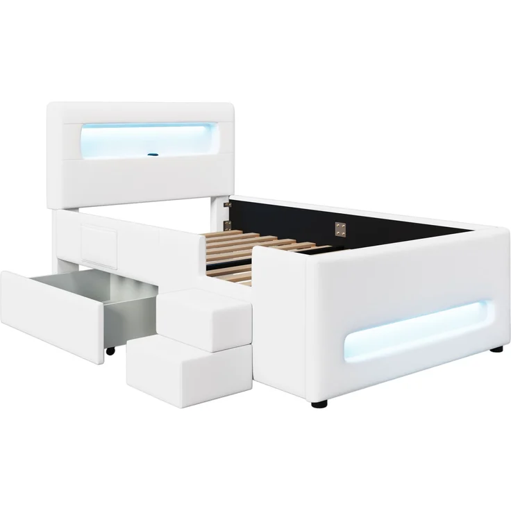 Polsterbett mit Treppe, LED & Schublade, 90x200 cm, Weiß, ohne Matratze – Bild 8