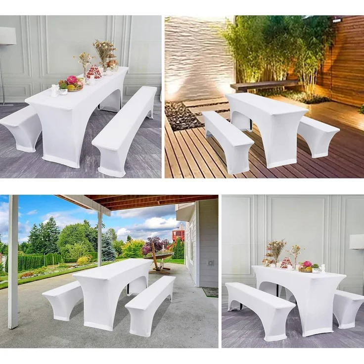 Elastische Biertischhussen Set 220x50x70cm 3x weiß Gartenbankett – Bild 5