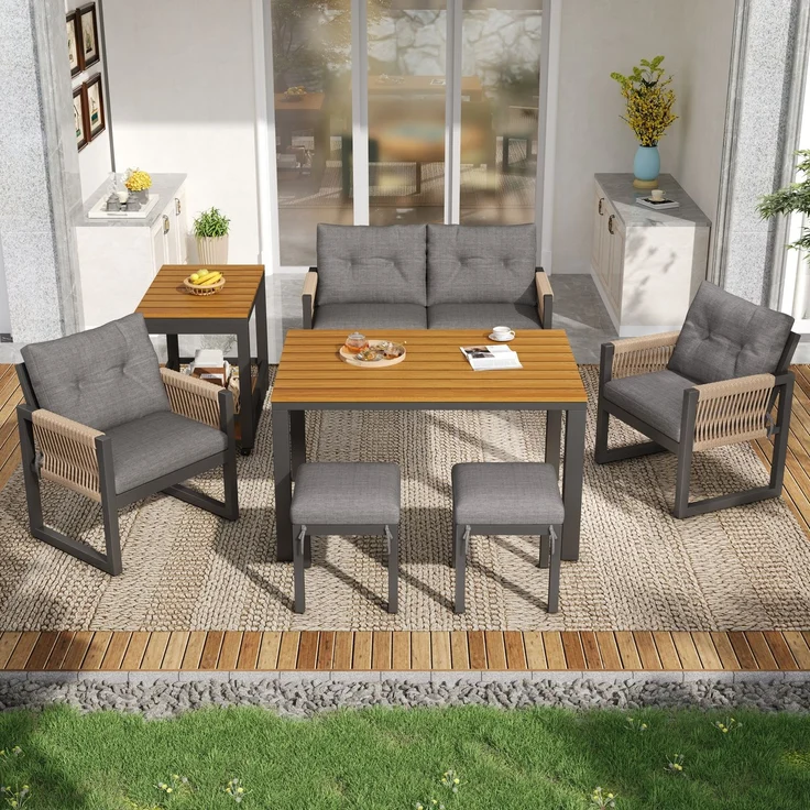 Modernes Outdoor-Sofa-Set , Freizeit- und Besprechungsset für mehrere Personen , Eisengestell , Geflochtene Armlehnen , Inklusive Sitzkissen , Multifunktionaler Tisch – Bild 6