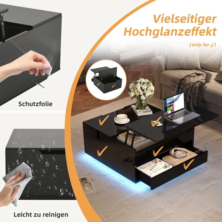 Couchtisch mit Liftfunktion und LED, quadratischer Wohnzimmertisch 70 x 70 x 38 cm, schwarz Hochglanz, Acryl-Perspektivdesign – Bild 9