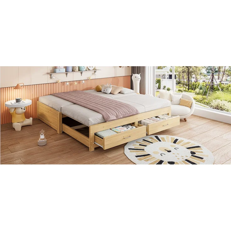 ZUBALIYA Tagesbett 90/180 × 190 cm, Holz, Ausziehbett, Schubladen, Lattenrost, Naturholz – Bild 7