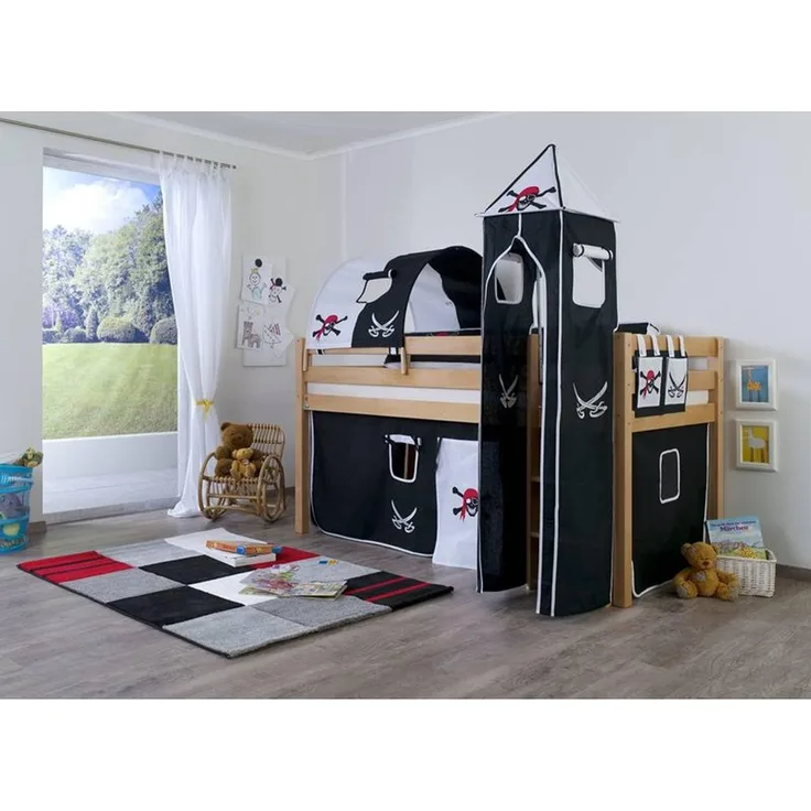 Relita Halbhohes Spielbett ALEX Buche massiv natur lackiert mit Stoffset Vorhang, 1-er Tunnel, Turm, Tasche