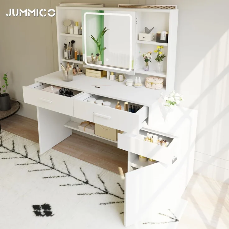 JUMMICO Schminktisch mit LED-Beleuchtung, Einstellbare Helligkeit&Farbtemperaturen, Organizer Schminktisch Spiegel mit Licht, Frisiertisch mit Schubladen und verstellbaren Ablagen, Maße: 117 x 40 x 140 cm – Bild 7