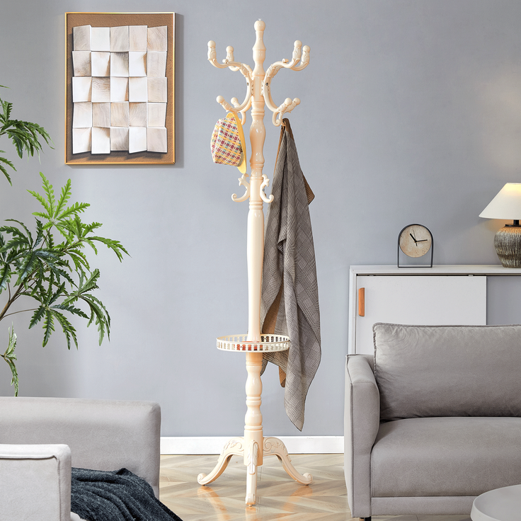 Kleiderständer 195x50x48 cm, cremeweißes Massivholz mit Mehrfachhaken