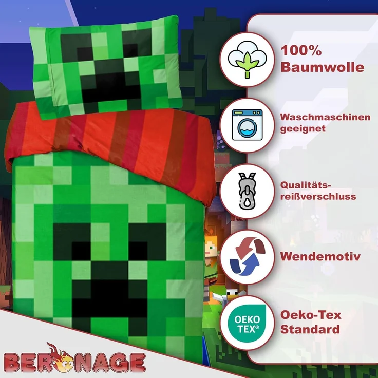 BERONAGE Wendebettwäsche Minecraft Bettwäsche Creeper & TNT Linon / Renforcé, Baumwolle, 2 teilig, 135x200 + 80x80 cm – Bild 3