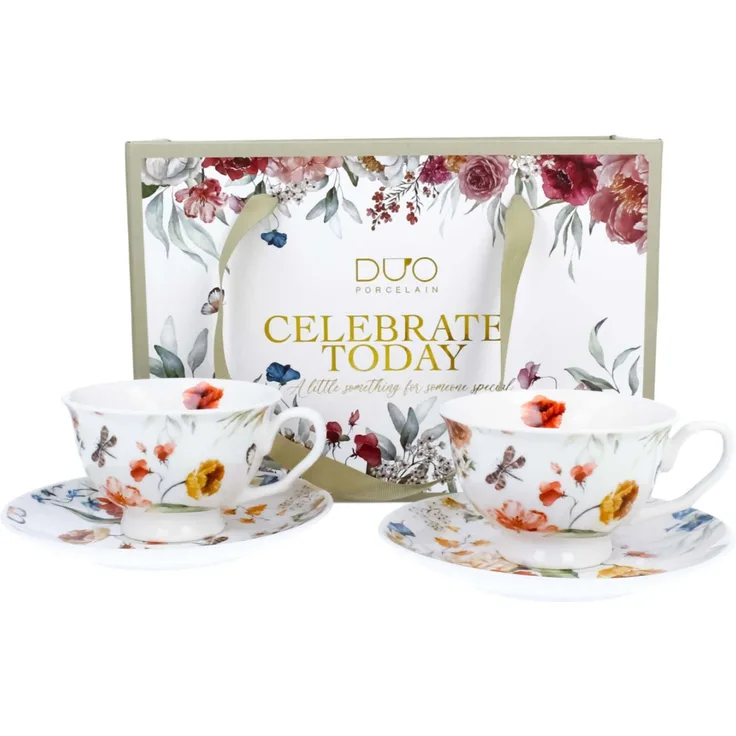 DUO 2er-Set Tassen REBECCA, 250 ml mit Untertassen, New Bone China Porzellan, in Geschenkbox
