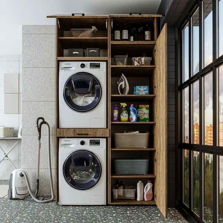 Roomart Waschmaschinenschrank & Trocknerschrank – SERIE DUO-I- 127 cm breit - Trockner auf Waschmaschine – Waschturm / Überbauschrank für Waschküche & Hauswirtschaftsraum • Eiche – Bild 5