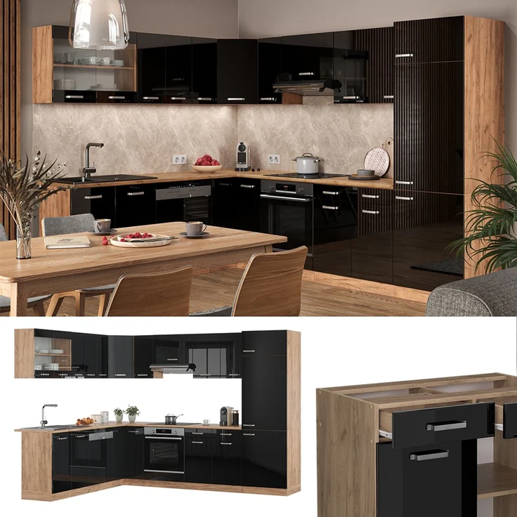 Eckküche R-Line Schwarz Hochglanz/Goldkraft Eiche 287 x 227 cm, AP Eiche Vicco – Bild 2