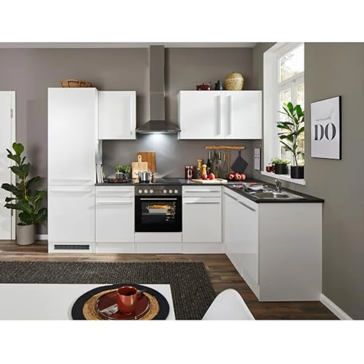 Jazz 8 Moderne Eckküche ohne Elektrogeräte in Weiß Hochglanz, Metallic Grau - Geräumige Küchenzeile in L-Form mit viel Stauraum - 280 x 211 x 60 cm (B/H/T) – Bild 6