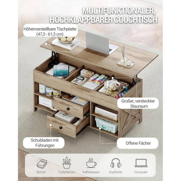 Couchtisch, höhenverstellbarer Wohnzimmertisch, Sofatisch, 2 Schubladen und Versteckter Stauraum, 50 x 100 x 47,3-61,3 cm, für Wohnzimmer, Esszimmer, Büro, Kamelbraun-Schwarz – Bild 3