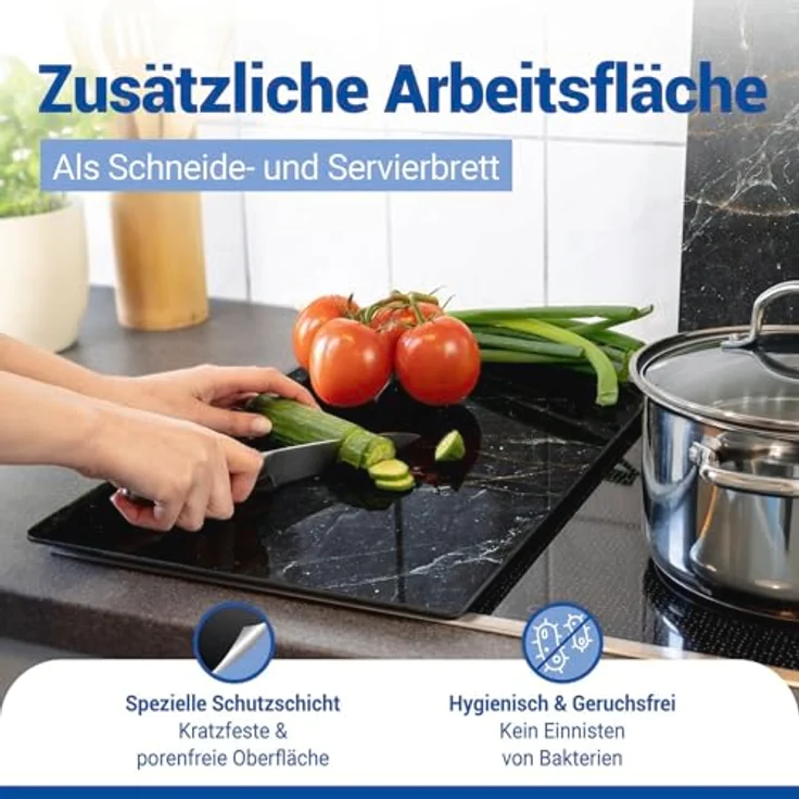 Allstar Glasabdeckplatten Marmor, 2er Set, rutschfeste Herdabdeckung für Glaskeramikkochfelder in Marmor-Optik, praktische Arbeitsflächenerweiterung in der Küche, Gehärtetes Glas, 30 x 52cm, Schwarz – Bild 6