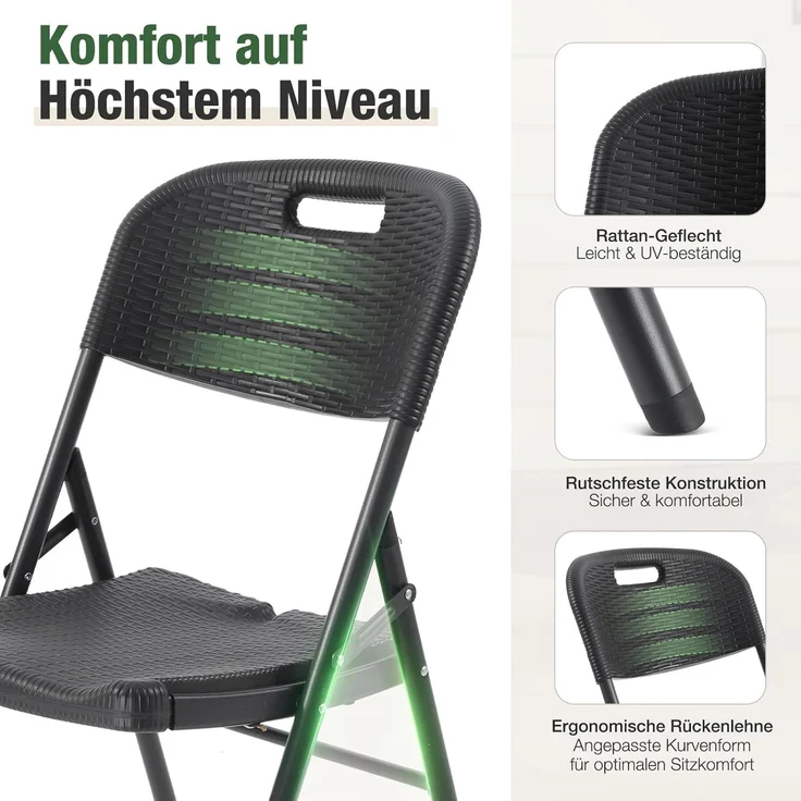 Sekey Klappstuhl 2er Set, Klappstühle aus Kunststoff und Metall, Campingstuhl Gartenstuhl Klappbar bis 150KG, Schwarz Rattanoptik – Bild 7