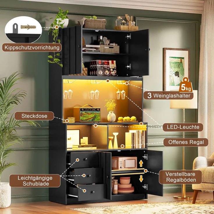 180 cm Küchenschrank, Hochschrank mit LED, Küchenregal mit Steckdose, Weinregal und Vitrine für Küche & Esszimmer--Schwarz--100x40x180cm--YOUDENOVA – Bild 8