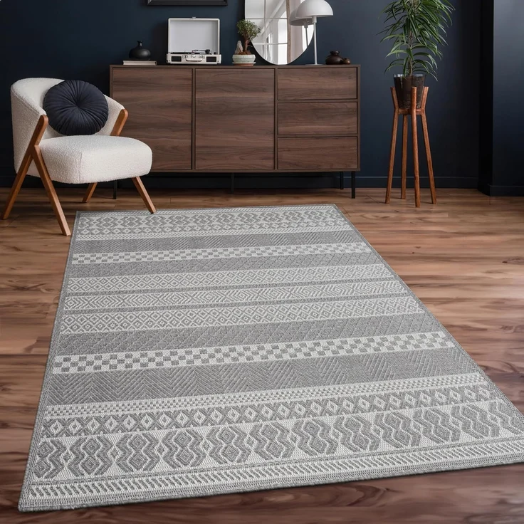 Paco Home In-& Outdoor Teppich Balkon Terrasse Küchenteppich Modernes Boho Ethno Muster, Grösse:80x150 cm, Farbe:Grau 4 – Bild 2