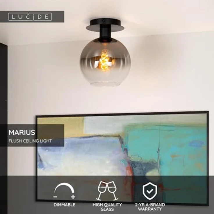 LUCIDE MARIUS, Deckenleuchte 1xE27, aus Glas, schwarz, geeignet für LED-Lichtquellen, dimmbar – Bild 3