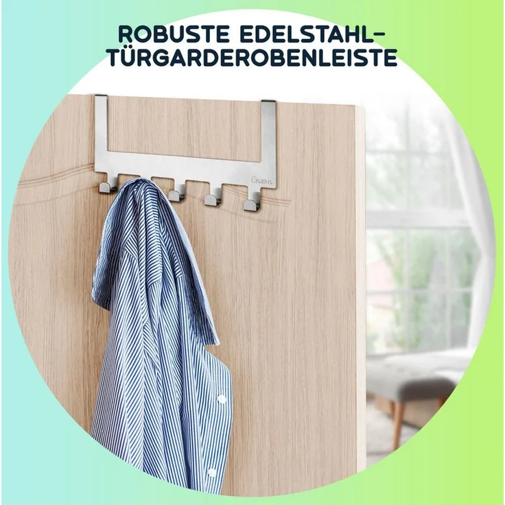 Casativo Garderobenleiste Edelstahl-Türgarderobe, Platzsparende Hakenleiste mit 5 Kleiderhaken (2 St, 1er/2er-Set), 5 Haken, für 35-45mm Türen, kratzschutz-gummiert – Bild 3