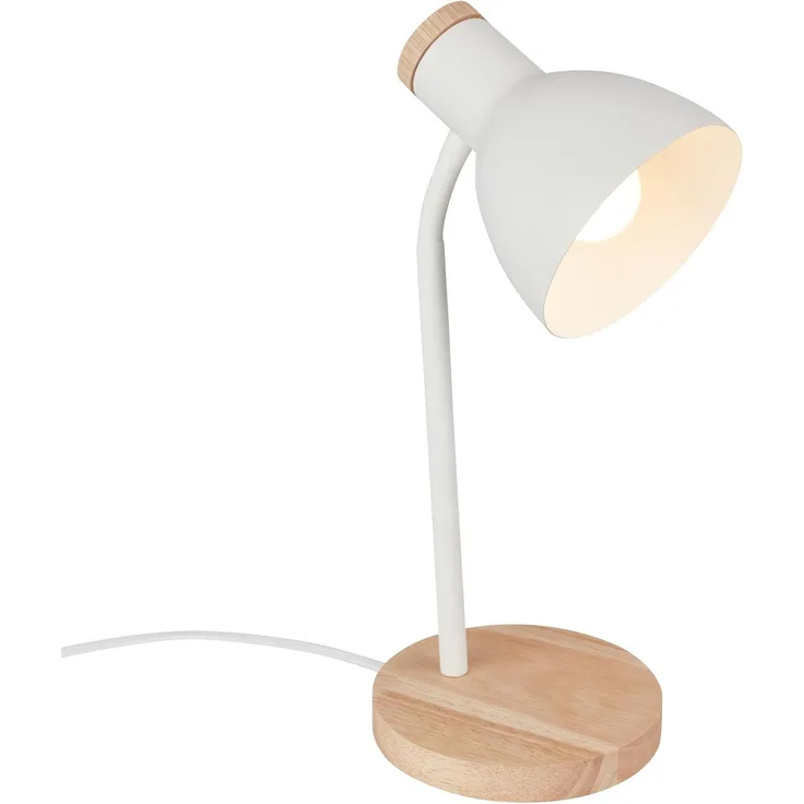 BRILONER - Nachttischlampe mit Kabelschalter, schwenkbar, E14, max. 10W, Tischlampe, Lampe, Schreibtischlampe, Tischleuchte, Bürolampe, Leselampe Bett, Leselicht, 14x38 cm, Weiß-Holz
