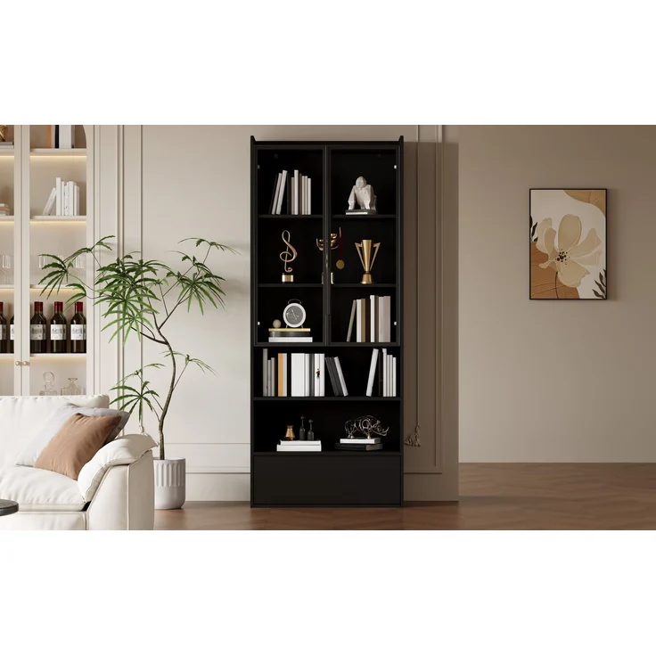 80*34*180cm Vitrine, Hochschrank mit 1 Schubladen und Glasschranktüren, Hochschrank Glasvitrine mit LED und Offene Partition, Standregal Schrank Vitrine,Wohnzimmerschrank mit Glastüren, Schwarz--Schwarz--80x34x180cm--YOUDENOVA – Bild 10