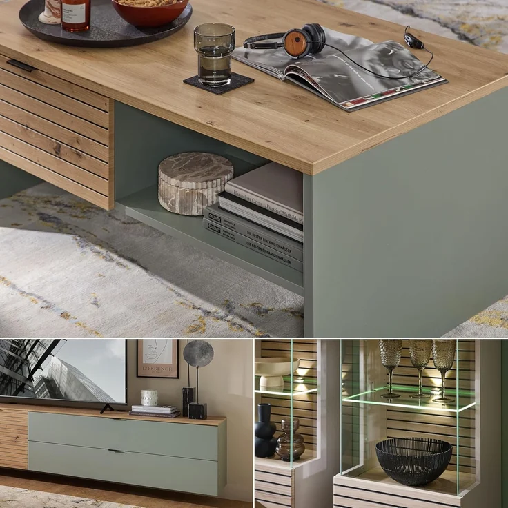 Stella Trading INA Highboard in Schilfgrün, Artisan Eiche Optik FSC-Zertifiziert - Moderner Wohnzimmerschrank mit Schubladen und LED-Beleuchtung - 84 x 125 x 45 cm (B/H/T) – Bild 5