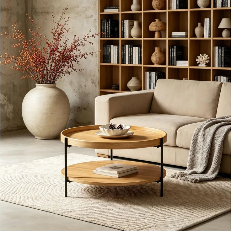 WILLIAMSPACE Couchtisch Meta Runder Couchtisch 2 Ebenen, MDF Echtholzfurnier & Echtholzrand
