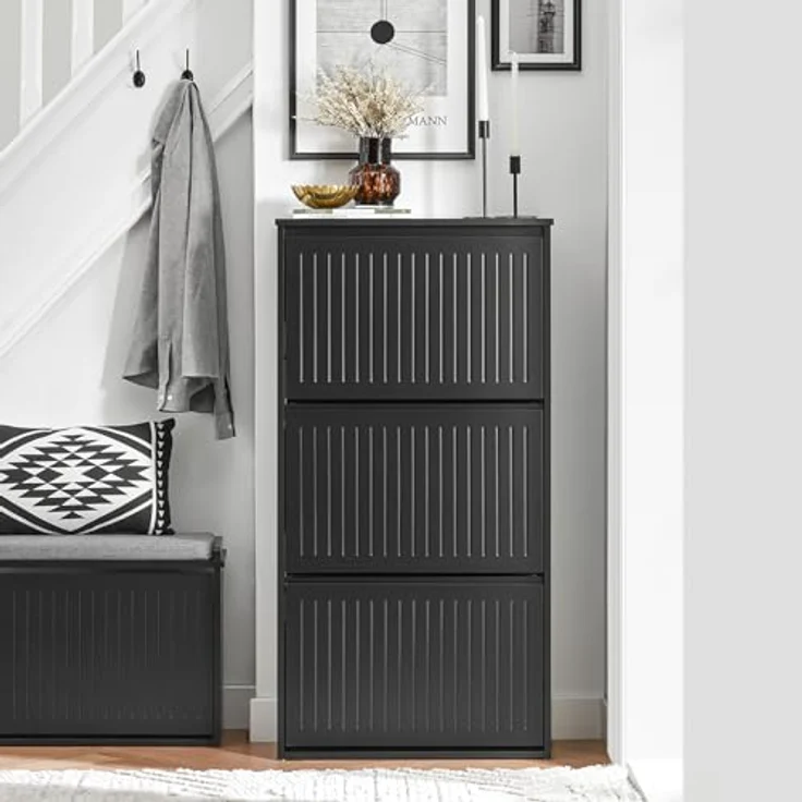 SoBuy Schuhschrank, Schwarz, Holzwerkstoff, 3 Klappfächer, verstellbare Böden, 61x120x26 cm – Bild 9